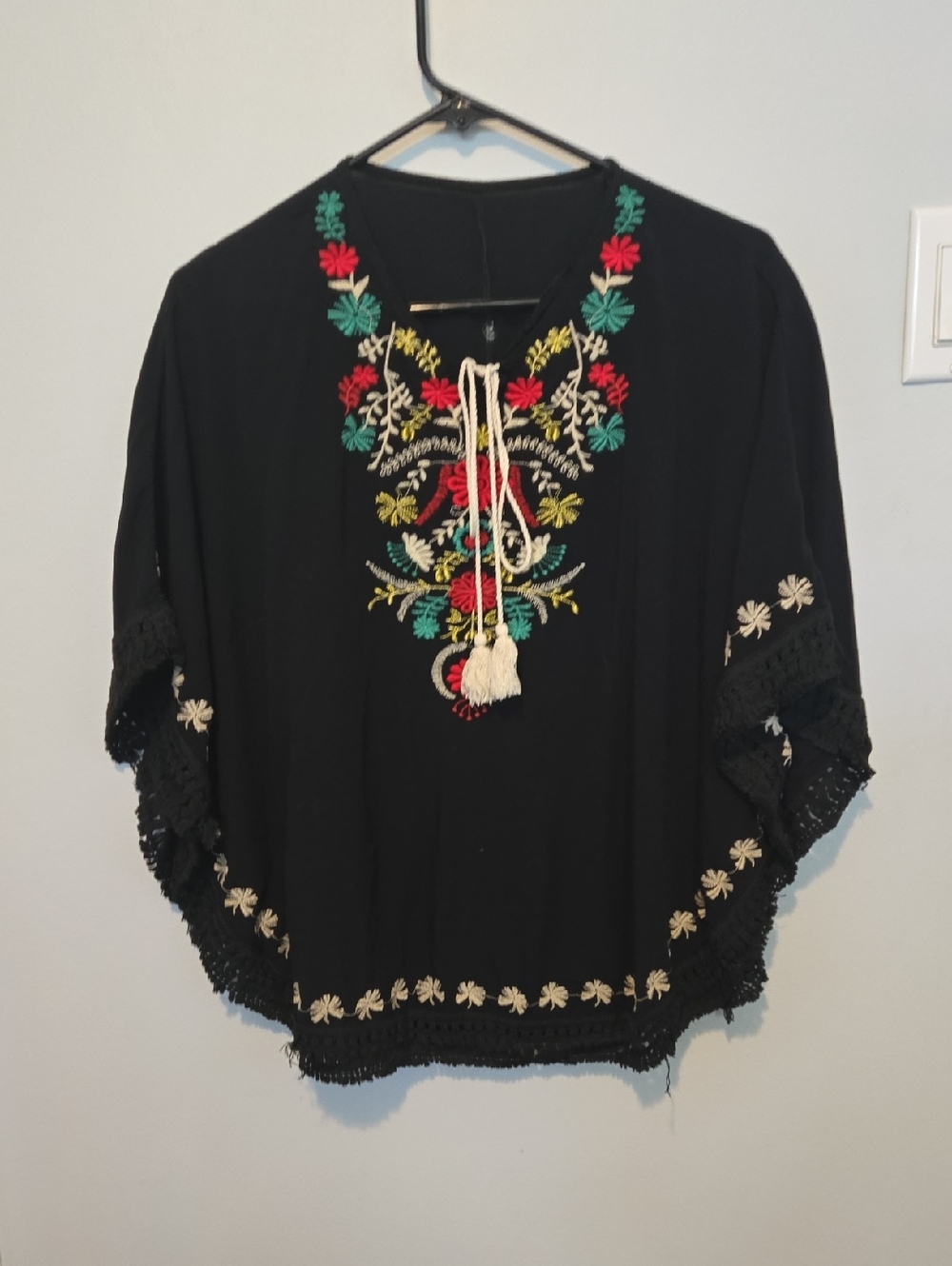 Black Embroidered Boho Tunic Top with Tassel Tie